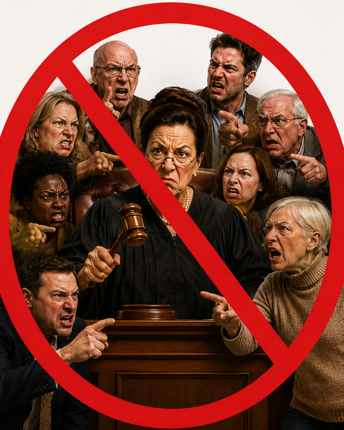A courtroom judgment scene crossed out by a red prohibition symbol