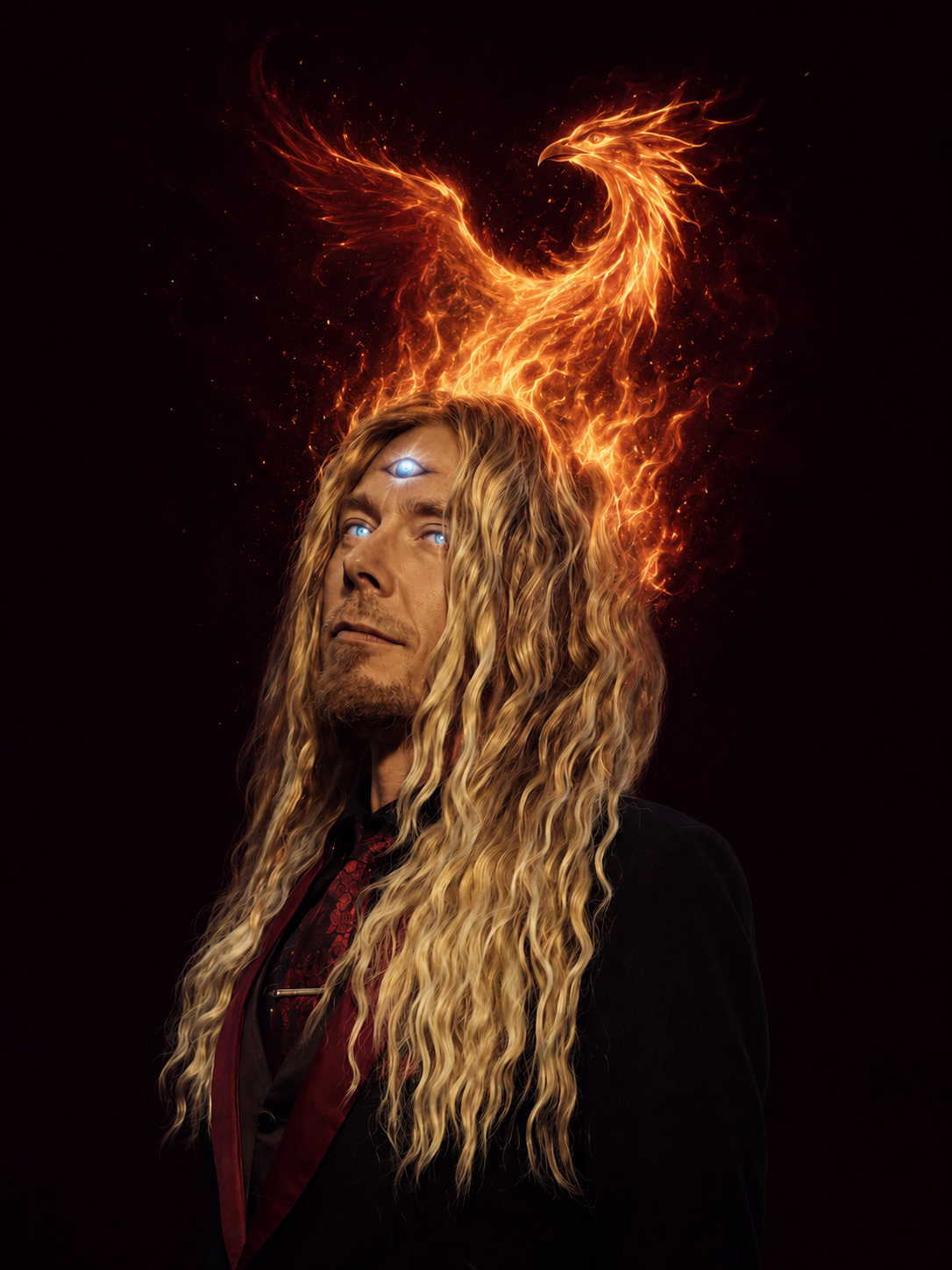 Founder portrait with fiery phoenix